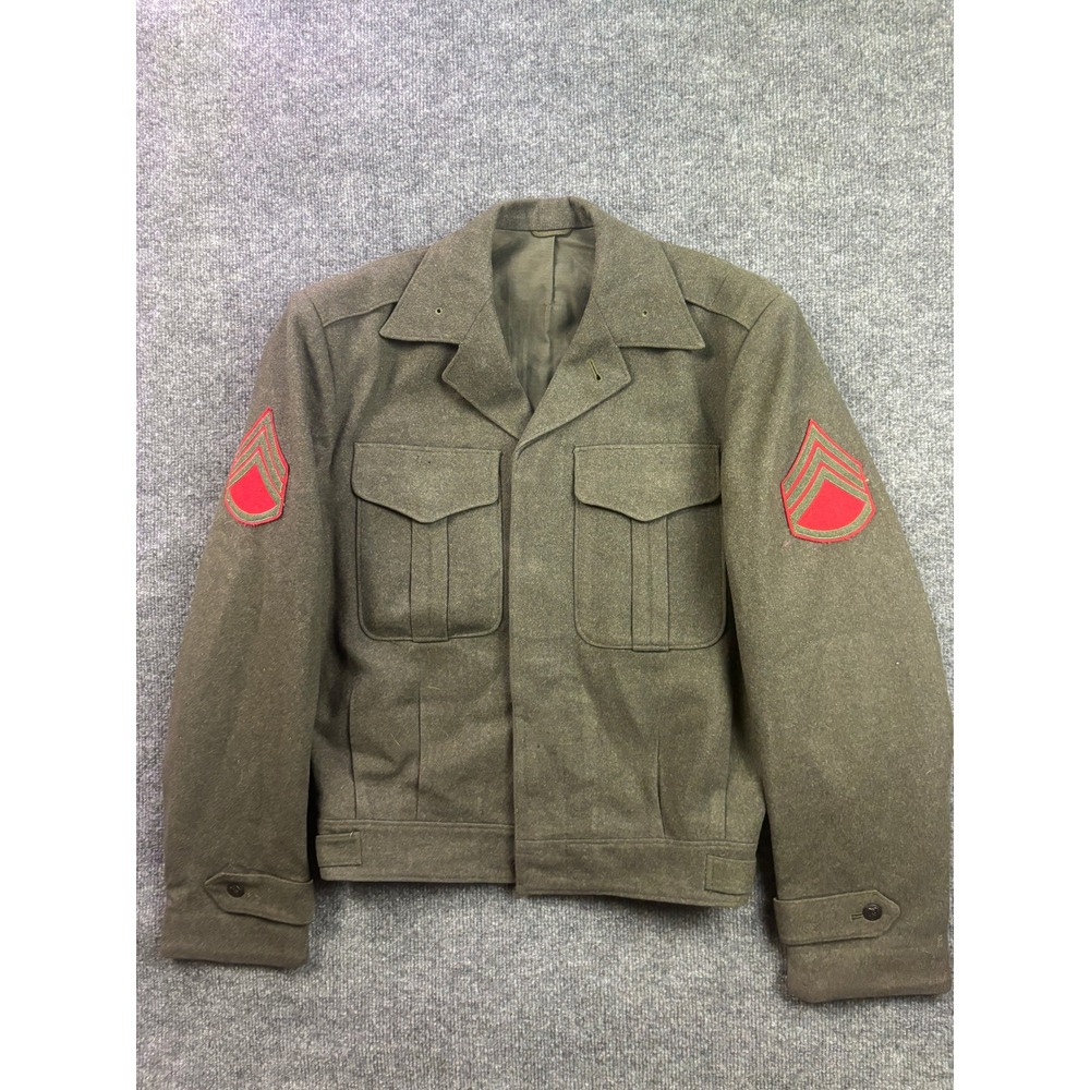 VNTG‎ Military Eisenhower Field Jacket Mens WWII Era Wool Blend Sergeant Patches